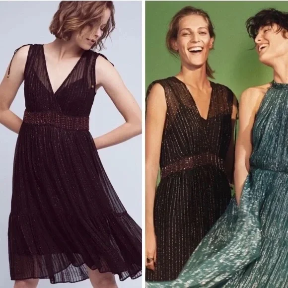 Anthropologie Floreat Annency Semi Sheer Metallic Striped Midi Dress - Picture 2 of 9